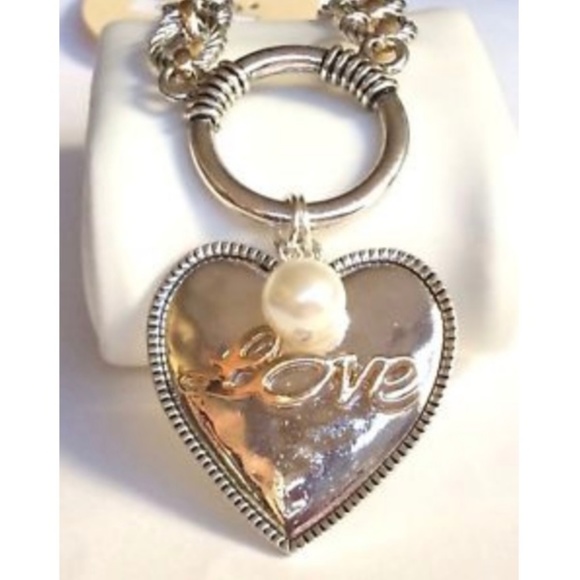 Silver Gold Heart Necklace Pearl Message 30" Chain Plus Size BIG Chunky Bold - Picture 2 of 8